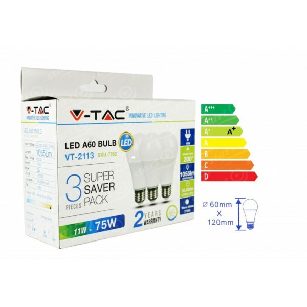 V-TAC VT-2113 SUPER SAVER PACK CONFEZIONE 3 LAMPADINE LED E27 11W BULB A60 Colore : Bianco Naturale