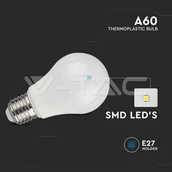 V-Tac VT-2112 Lampadina LED E27 10.5W Bulb A60 Goccia SMD - SKU
217351 - Colore : Bianco Freddo