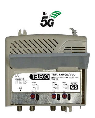 TMA 325 G5/V45U Centralino multibanda 4 Ingr. VHF – B4 – B5 – UHF 22 - 25 dB, 115 dBµV   regolabile Filtro 5G